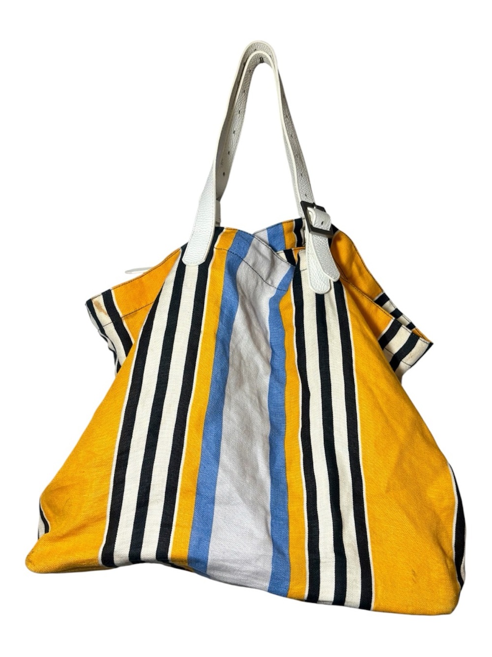 JIM THOMPSON Striped Yellow Canvas Tote Bag with White Leather Handles